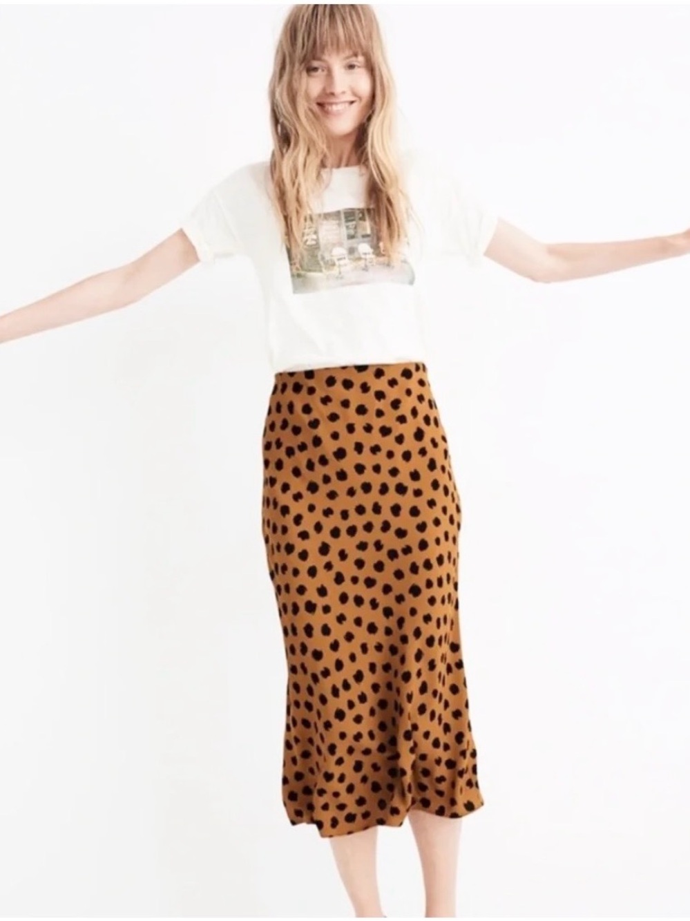 Madewell Midi Slip Skirt Painted Spots Egyptian Gold Elastic Waist Brown Black 4